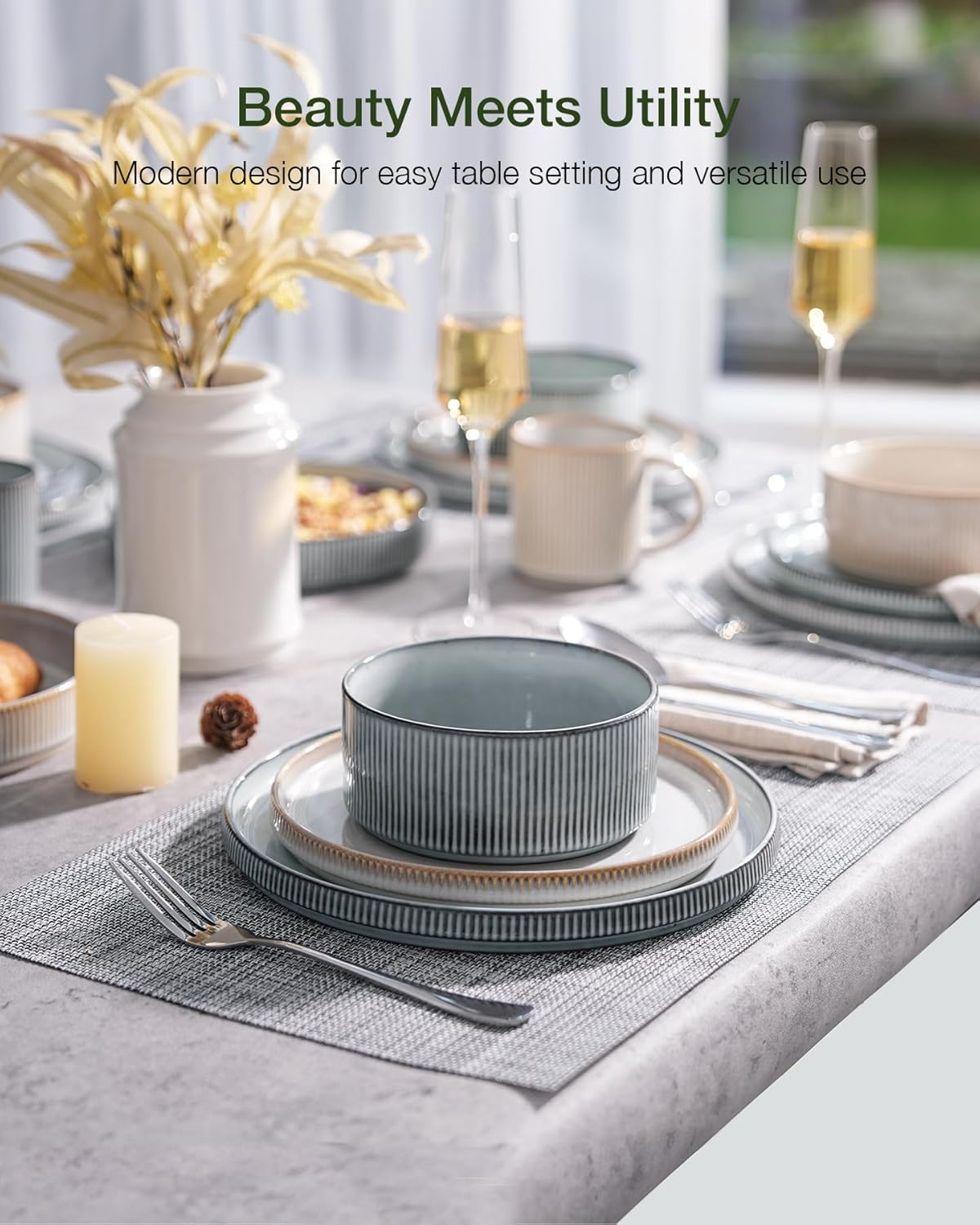 famiware Star Dinnerware Set, Plates and Bowls Sets for 4 (12pcs), Ribbed Stoneware Dishes - Chip & Scratch Resistant, Microwave & Dishwasher Safe, Multicolor - Cappuccino White & Smoky Blue - Image 2