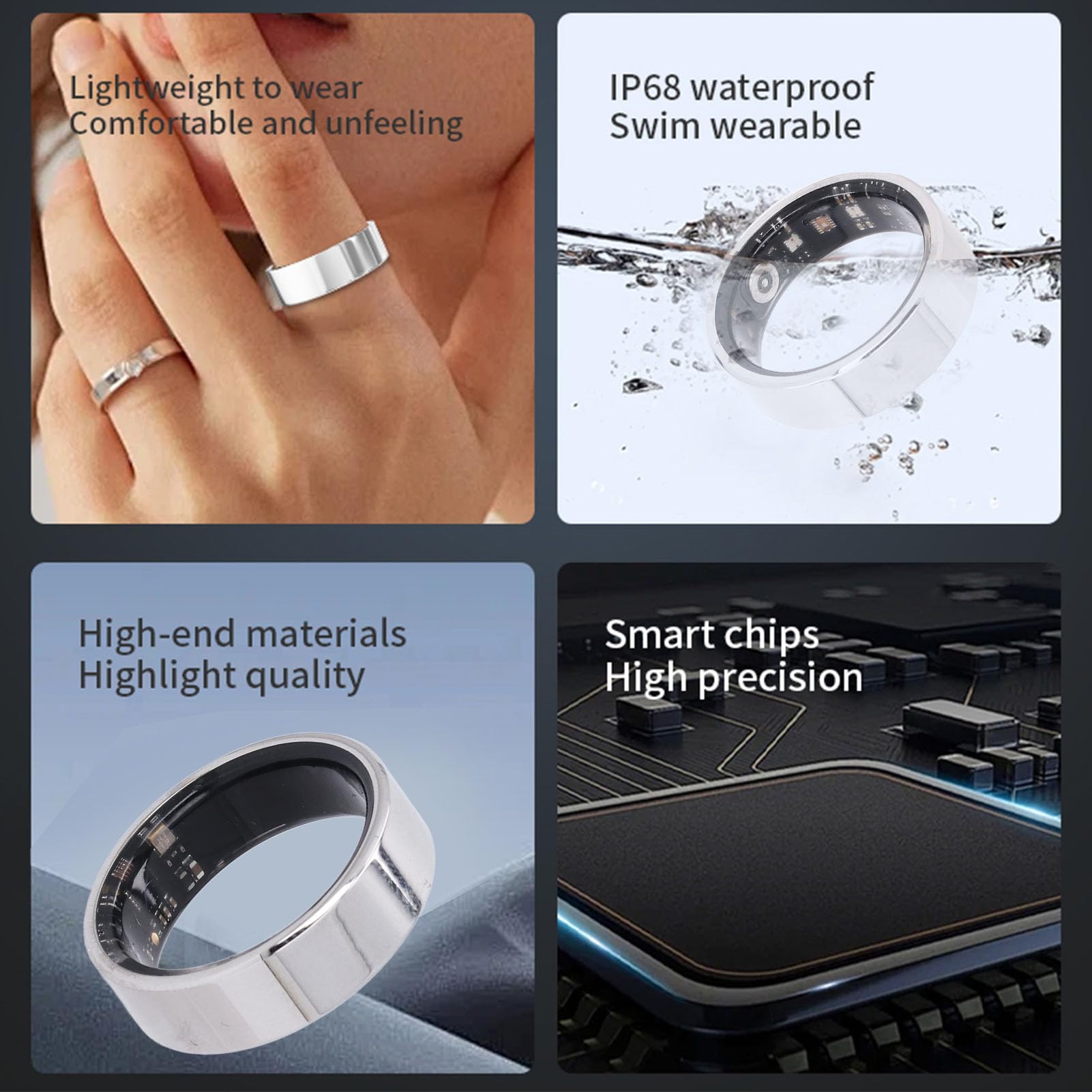 Smart Ring Santé – Tracker D’activité IP68, Suivi Sommeil, Calories, 3 Modes Sport, Charge Magnétique