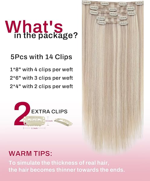 Moresoo Clip in Hair Extensions Real Human Hair 18 Inch Ash Blonde with Bleached Blonde Invisible Double Wefted Clip in Hair Extensions Highlights for Women Daily Use 5pcs/80G #18/613 - 3