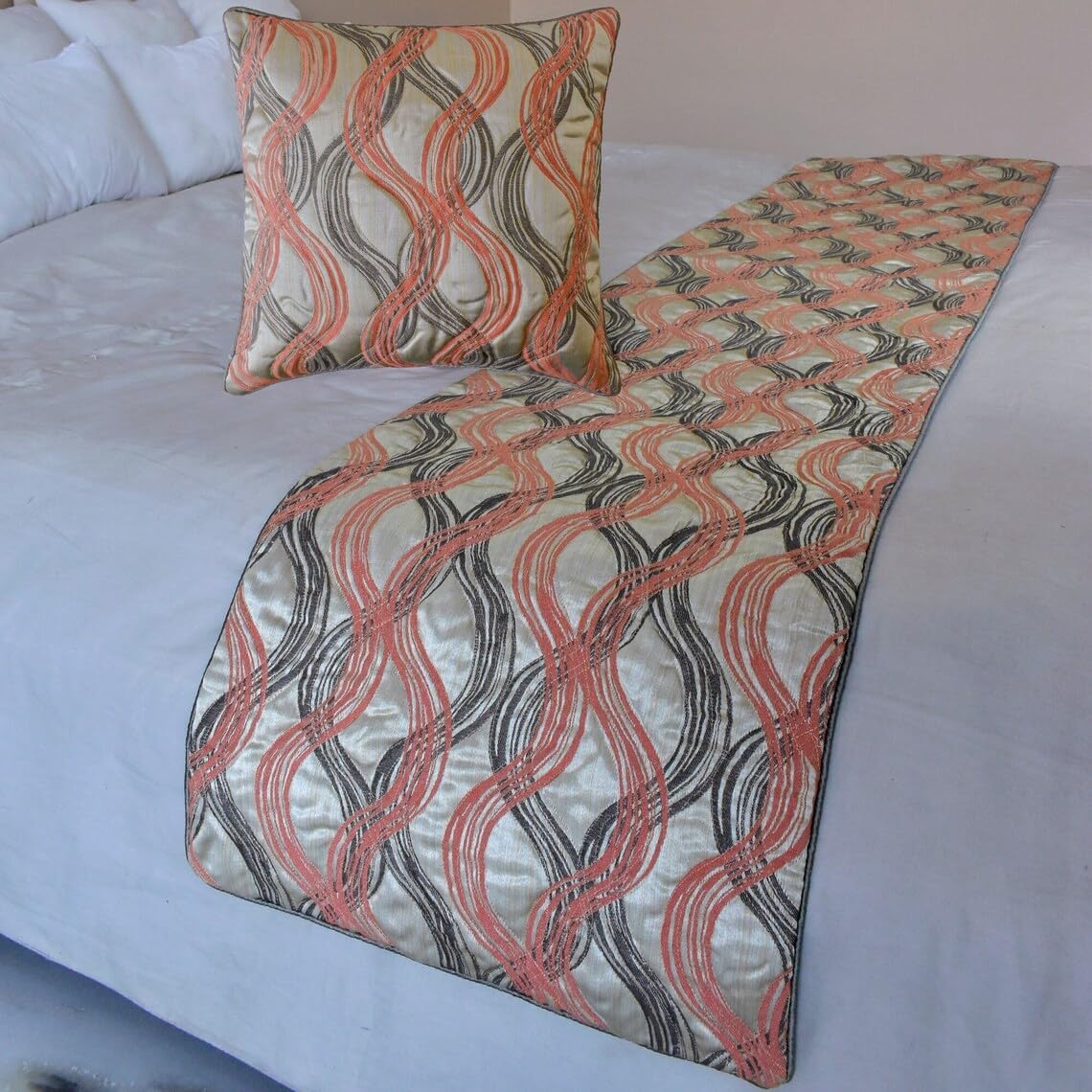 The HomeCentric King/Queen/Twin Orange Designer Queen 185x45 cm Bed Runner With One Cushion Cover, Swirls & Quilted Bed Scarf on Jacquard fabric - Orange Twirls