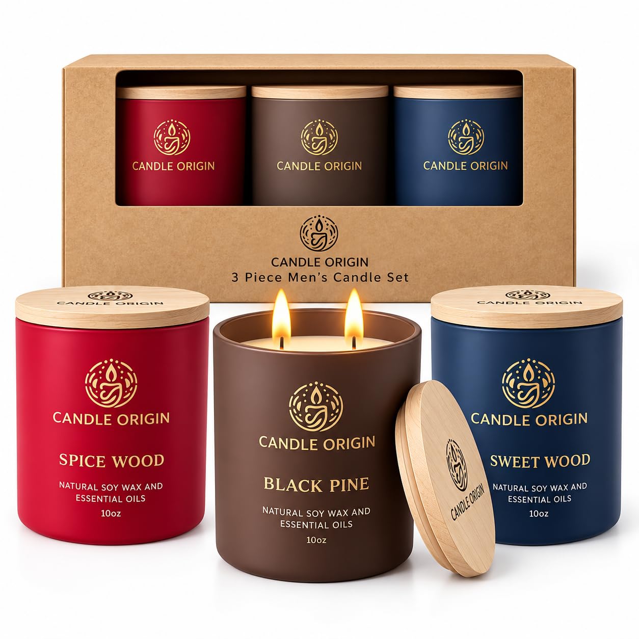 Scented Candles for Men, Premium Gift Set 3x10oz, Strong Long Lasting Soy