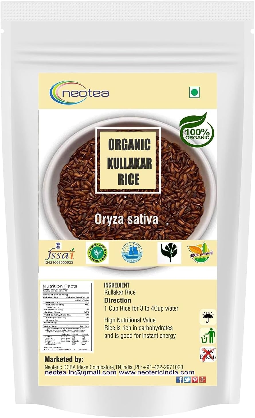 Neotea Organic Kullakar Hand-Pounded Rice | Traditional Red Rice | Boiled Unpolished Arisi Rice | 100% Natural & Nutrient-Dense | Diabetic Friendly | Medium Grain | 500 GM