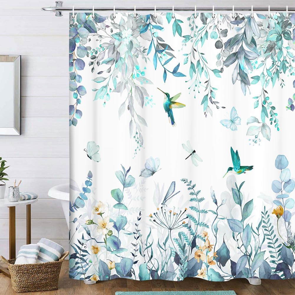 Torich Sage Green Eucalyptus Shower Curtain for Bathroom, Leaves Plant Floral Bathroom Decor Bath Curtains, Bird Leaf Botanical Waterproof Fabric Shower Curtain Set with Hooks 72x84Inch,Teal