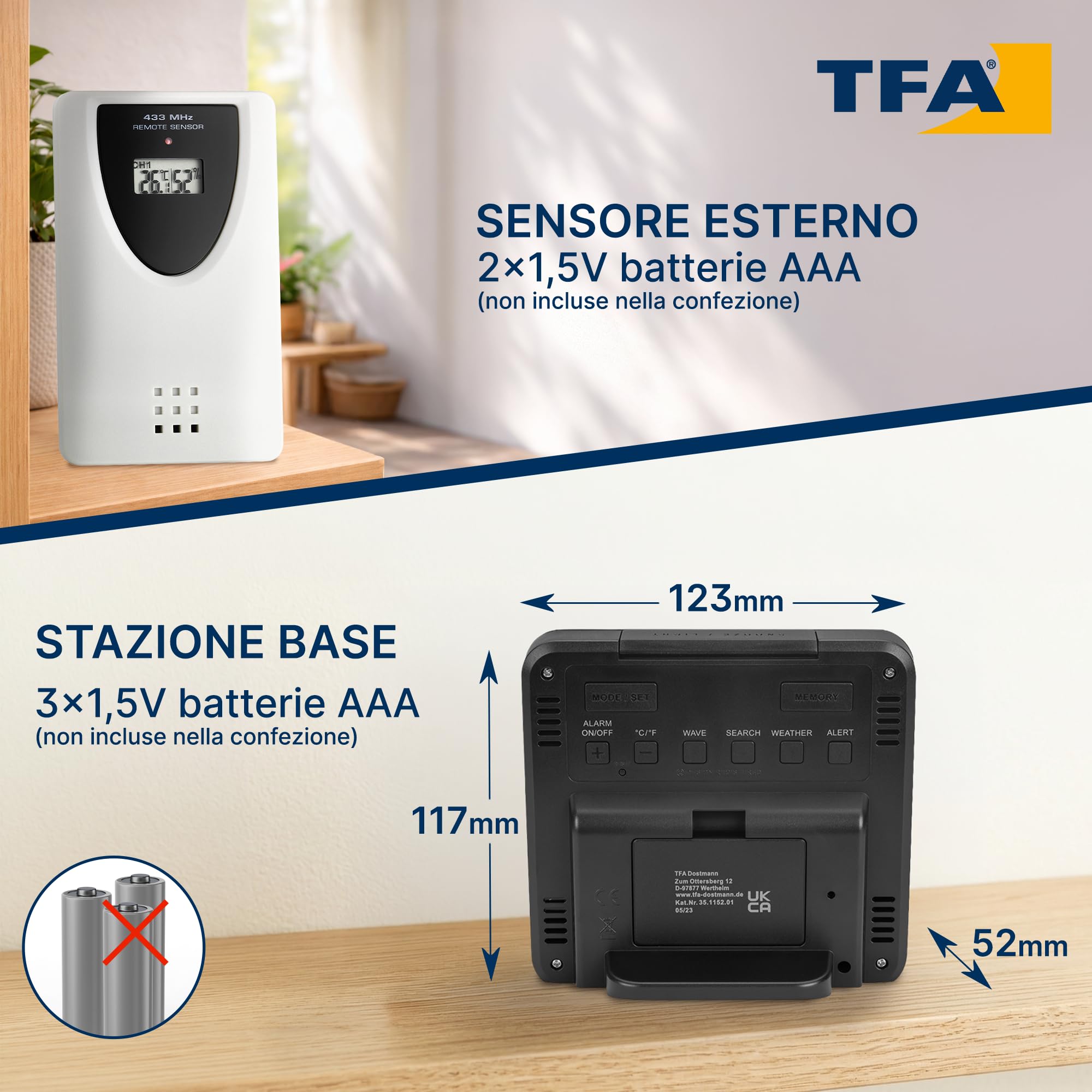TFA Dostmann Stazione meteo con sensore esterno, radio SKY, 35.1152.01, radio, previsioni del tempo, orologio radio, per interni ed esterni