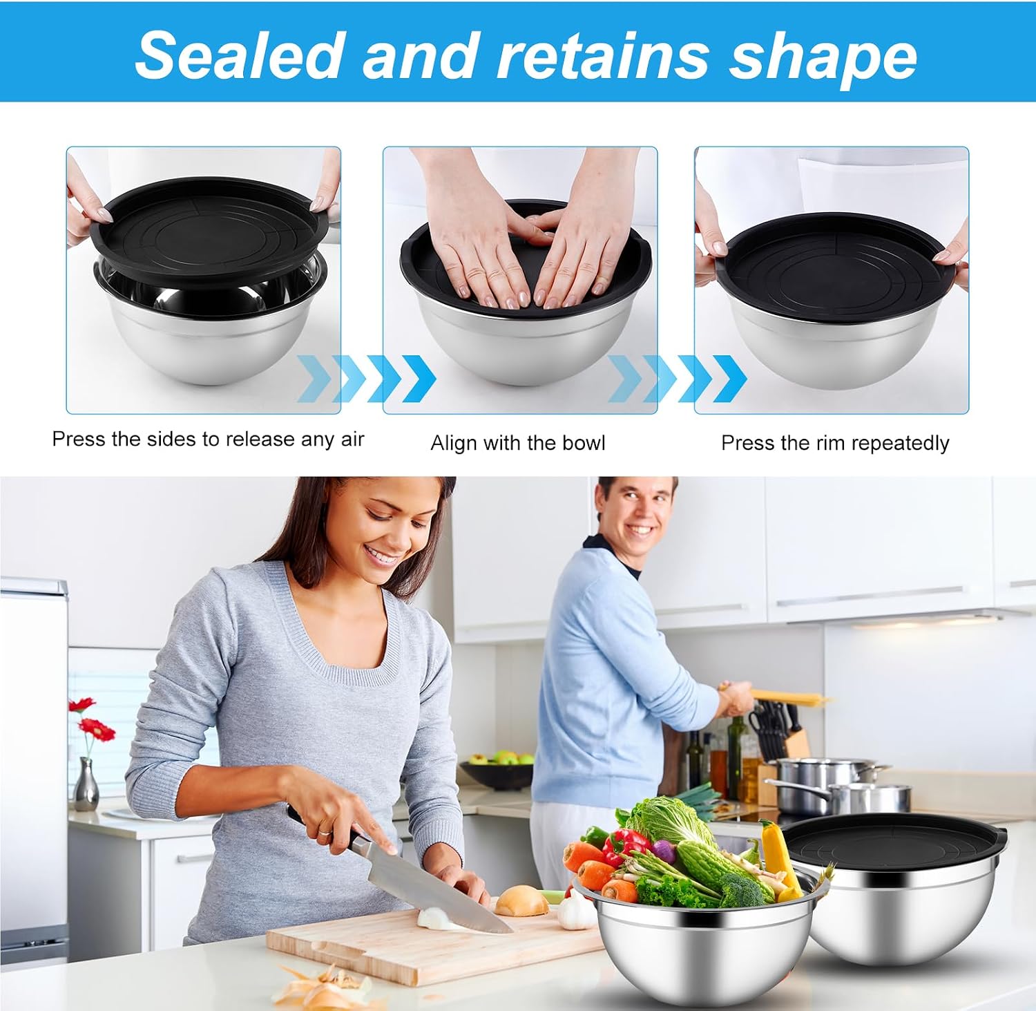 Set of 3 Mixing Bowls with Airtight Lids, Black | Stainless Steel Mixing Bowls, Nesting Salad Bowl 4.5 2.5 1.5QT for Prepping Serving Cooking Kitchen