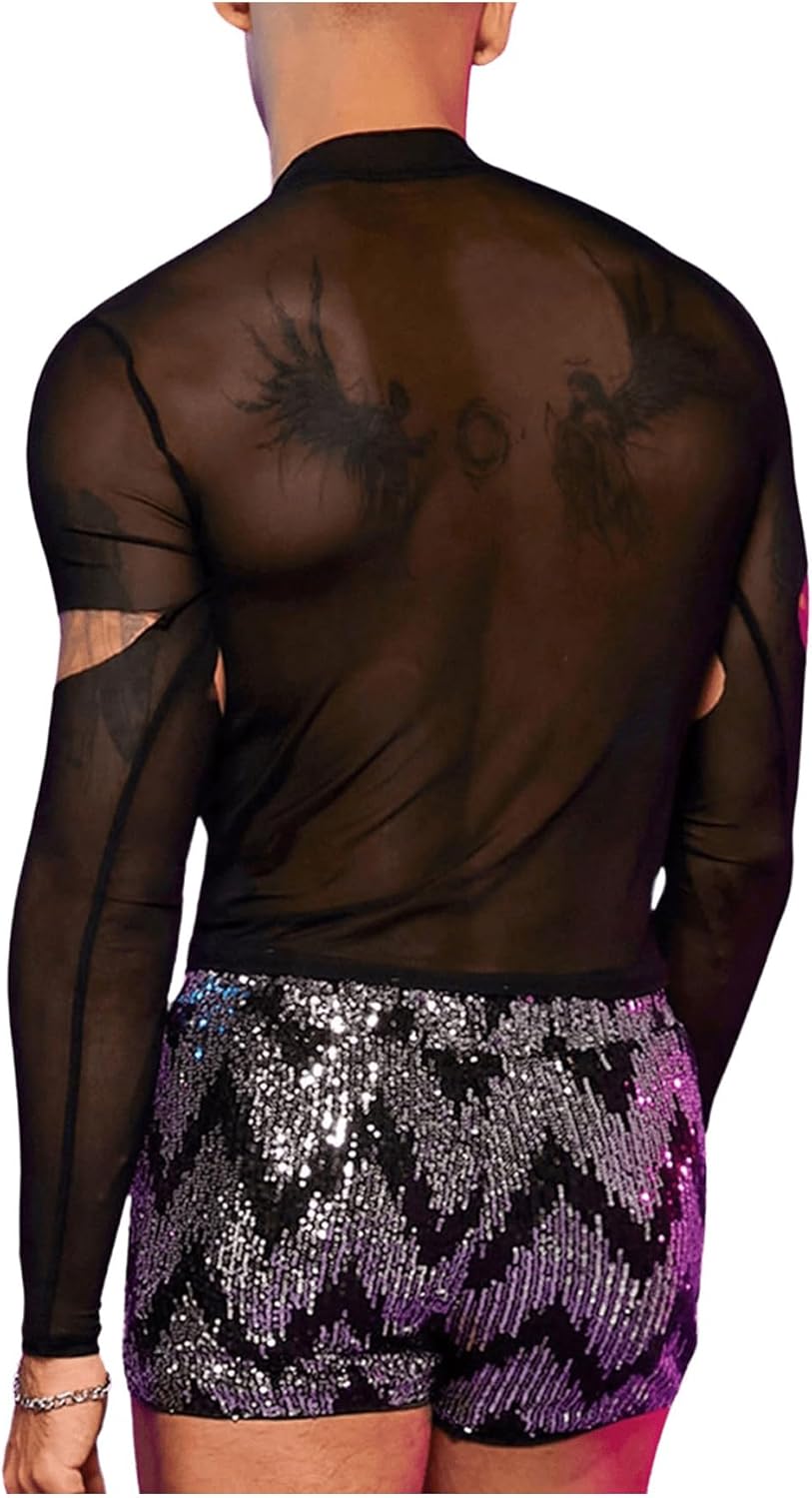 SHENHE Men's Cut Out Sheer Mesh Crewneck Long Sleeve Fitted Crop Tee Shirt Party Top - Image 2