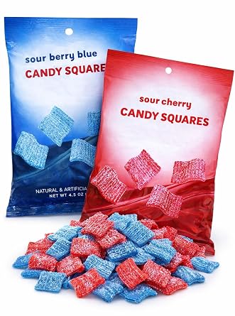 Sour Candy Squares, Cherry and Berry Blue Flavored, Sugar Coated Gummy Candy, 4.5 Ounce, Pack of 2