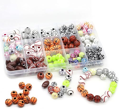 Miniatura 4 de LEKAI 15 estilos de cuentas de pelota deportiva, baloncesto, tenis, voleibol, béisbol, rugby, fútbol, con 1 rollo de cuerda elástica y una caja de