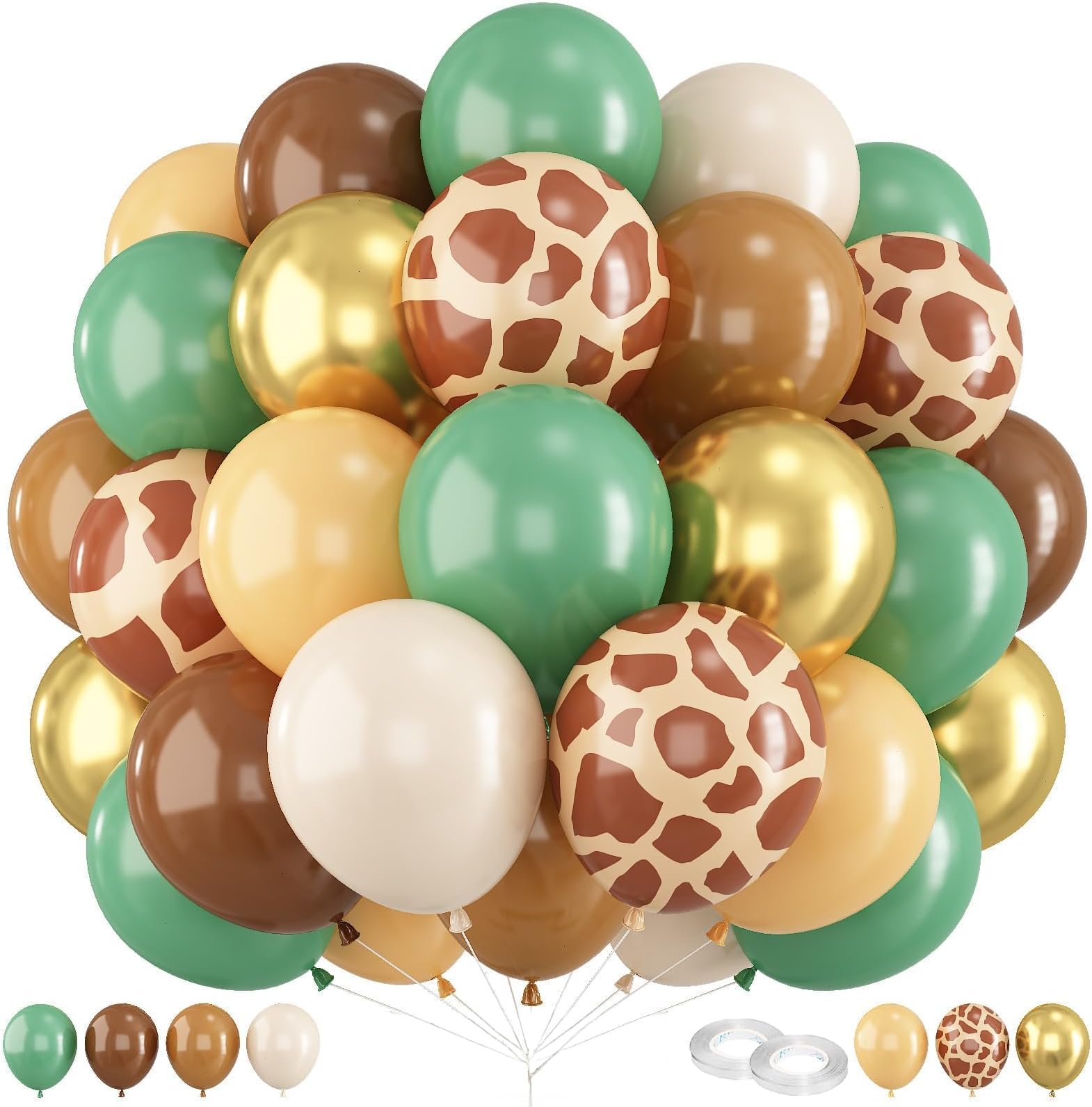 PFUTURE 60Pcs Jungle Safari Balloon Set - Sage Green, Brown, Gold, Cream, Avocado, and Apricot 12 Inch Balloons for Boys' Woodland Animal Baby Shower or Birthday Party Decorations(Green Brown Apricot)