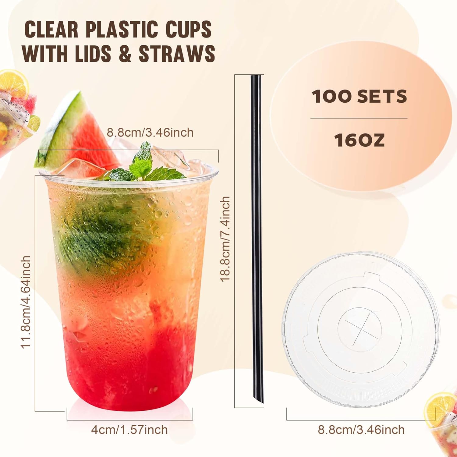 tchrules 100 Set 16oz Plastic Cups with Lids and Straws, Disposable Clear Iced Coffee Cup with Lid, Round Bottom Plastic To Go Cups for Cold Drinks Slushie Smoothie Lemonade Party Picnic Shop Supplies - Image 2