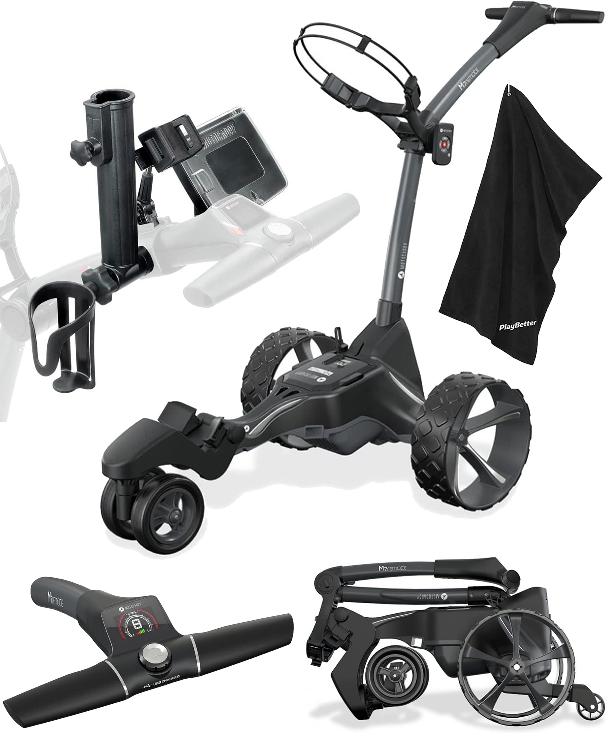 Motocaddy Electric Golf Push Cart Accessories Bundle with PlayBetter Extra Large Caddy Towel, Device Cradle, & Holders for Umbrella, Scorecard, & Drink - Foldable Trolley