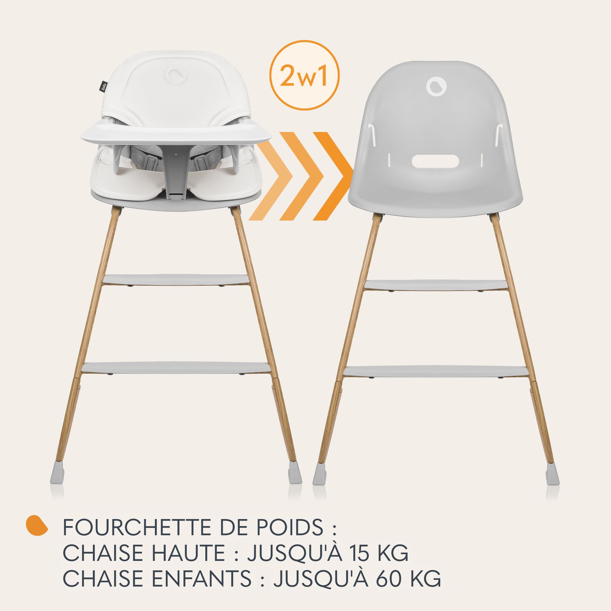 Lionelo Dalia Chaise Haute Bébé Évolutive 2 en 1, 6-36 Mois | 15 kg en chaise haute, 60 kg en chaise enfant, 2 repose-pieds, harnais 5 points, plateau lave-vaisselle, Gris/Bois naturel
