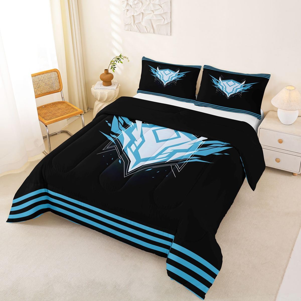 Black Blue Gamer Twin Size Comforter Set,Futuristic Geometric Bedding Sets 2Pcs for Kids Girls Boys Teens Room Decor,Cool Modern Gaming Quilted Duvet Contemporary Esports Down Comforter,1 Pillowcase image 2