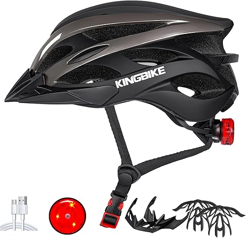 KINGBIKE - Casco de bicicleta para adultos, hombres, mujeres y jóvenes, para ciclismo en carretera y montaña, con luz recargable por USB,