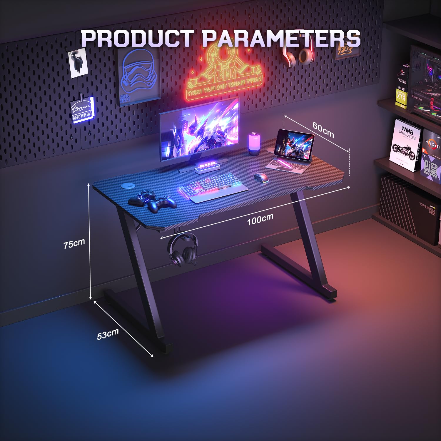 JUMMICO JUMMCO Gaming-Tisch mit Kopfhörer-Haken, 2 professionelle Kabelführungslöcher, Tischplatte aus Kohlefaser, hochwertiges schwarzes Metallgestell 100x60 cm