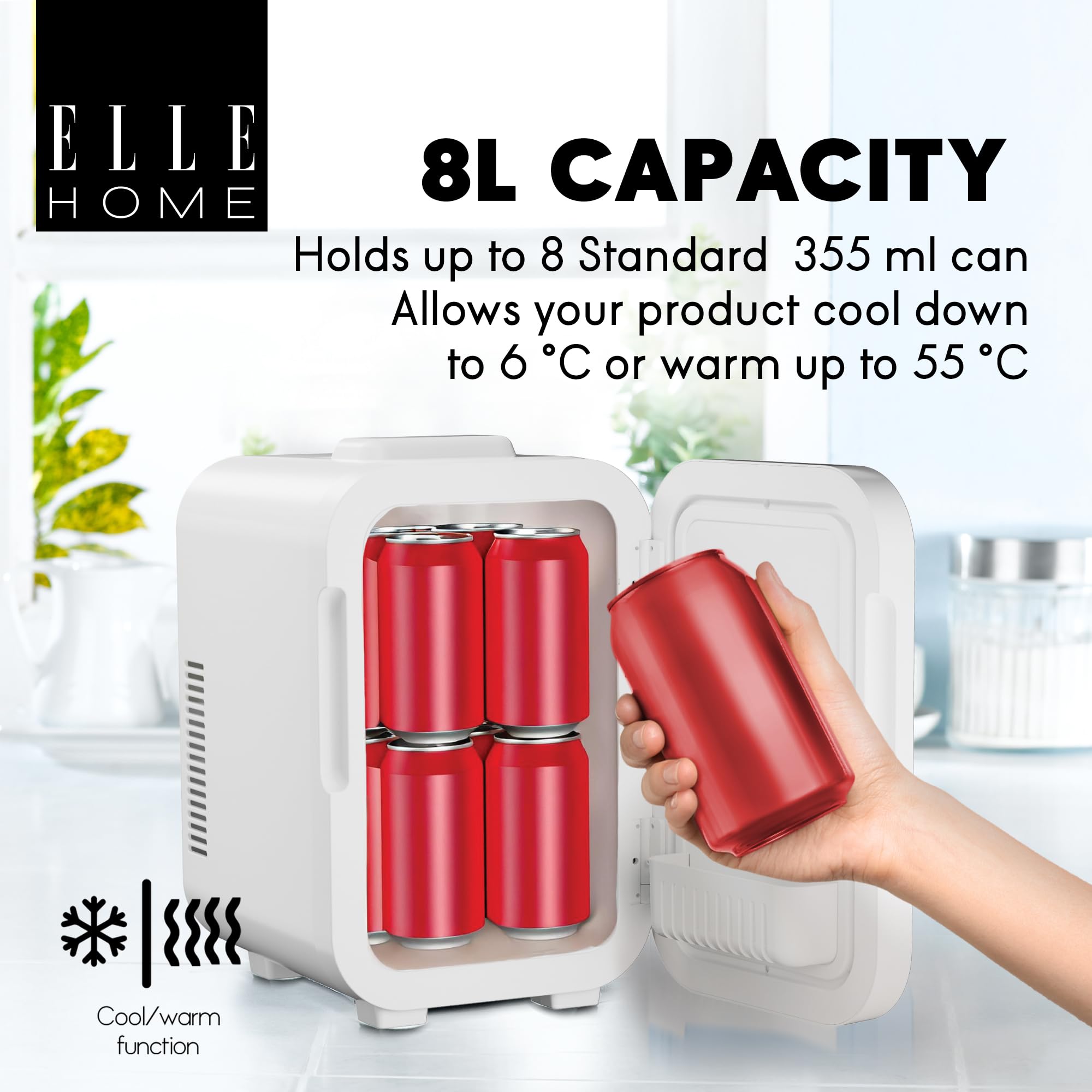 ELLE Mini lodówka na kosmetyki 8 l z lustrem LED, ciepła i zimna lodówka kosmetyczna, do pielęgnacji twarzy, kosmetyków, serum, masek i napojów, wbudowane oświetlenie LED, biała