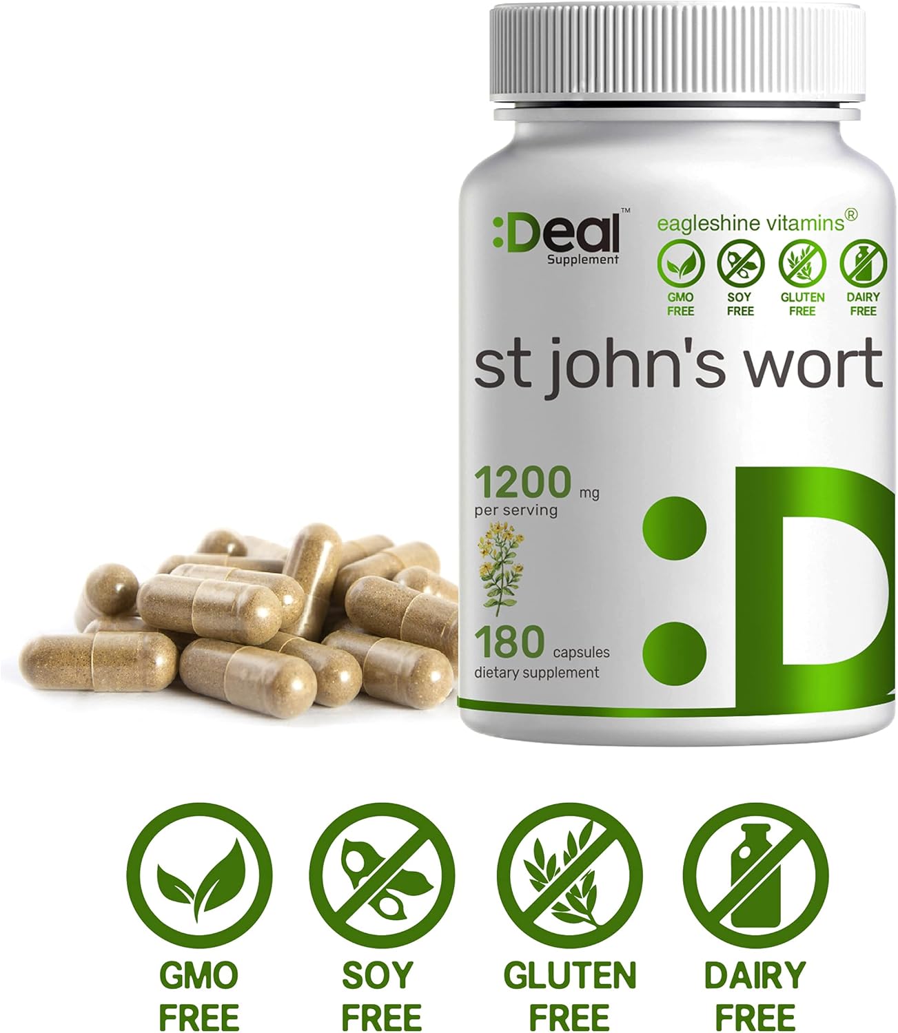 St. John's Wort 1200mg, 180 Capsules, Standardized to 0.3% Hypericins, Supports Sunny Mood, Clear Mind & Depression - Premium St Johns Wort Supplement : Health & Household