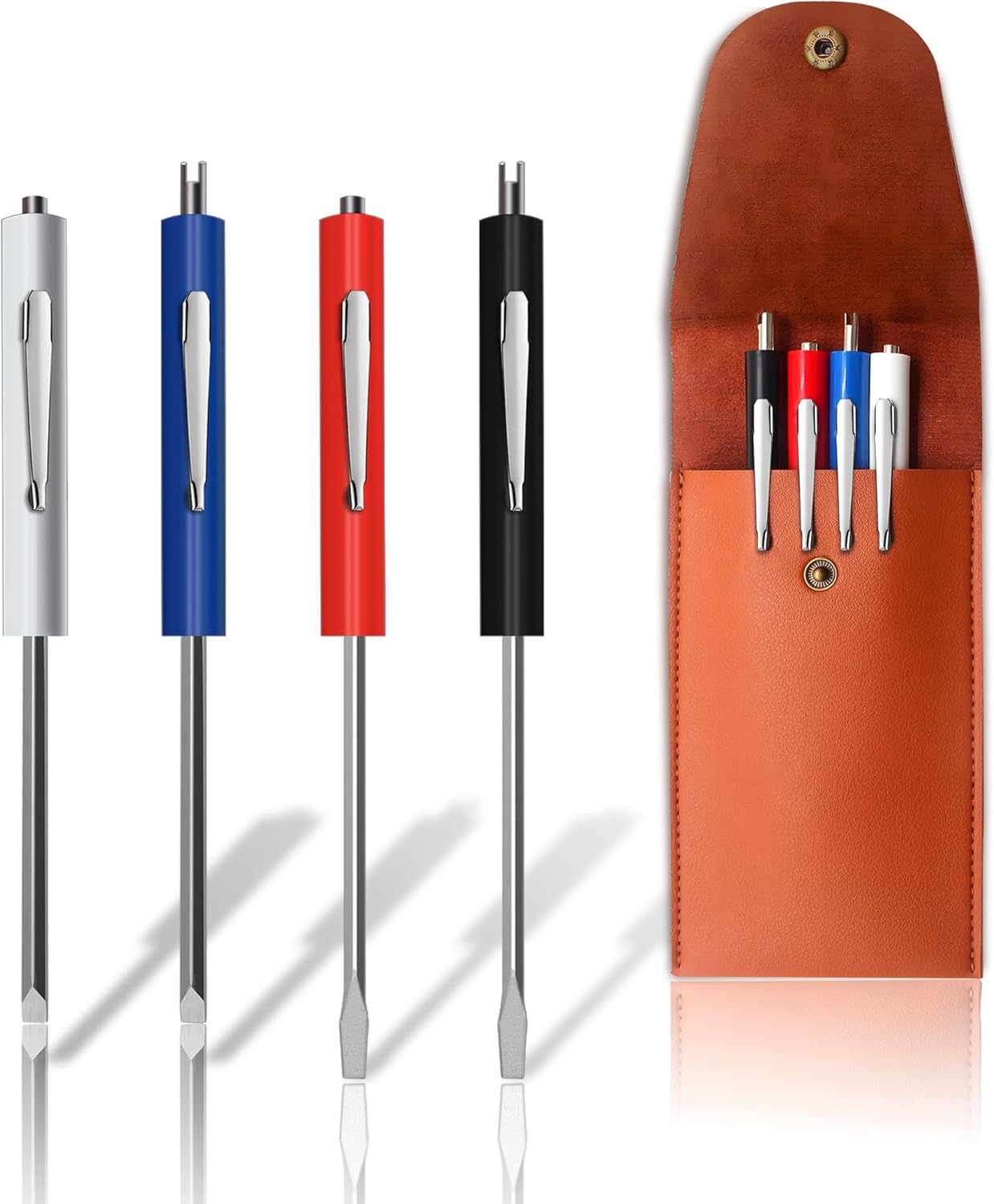 4pcs Pocket Screwdriver Set with 1 Synthetic Leather Case, Removable Screwdriver Pen, Magnetic Slotting, Valve Core Tool Mini Screwdriver with Dual Bits.