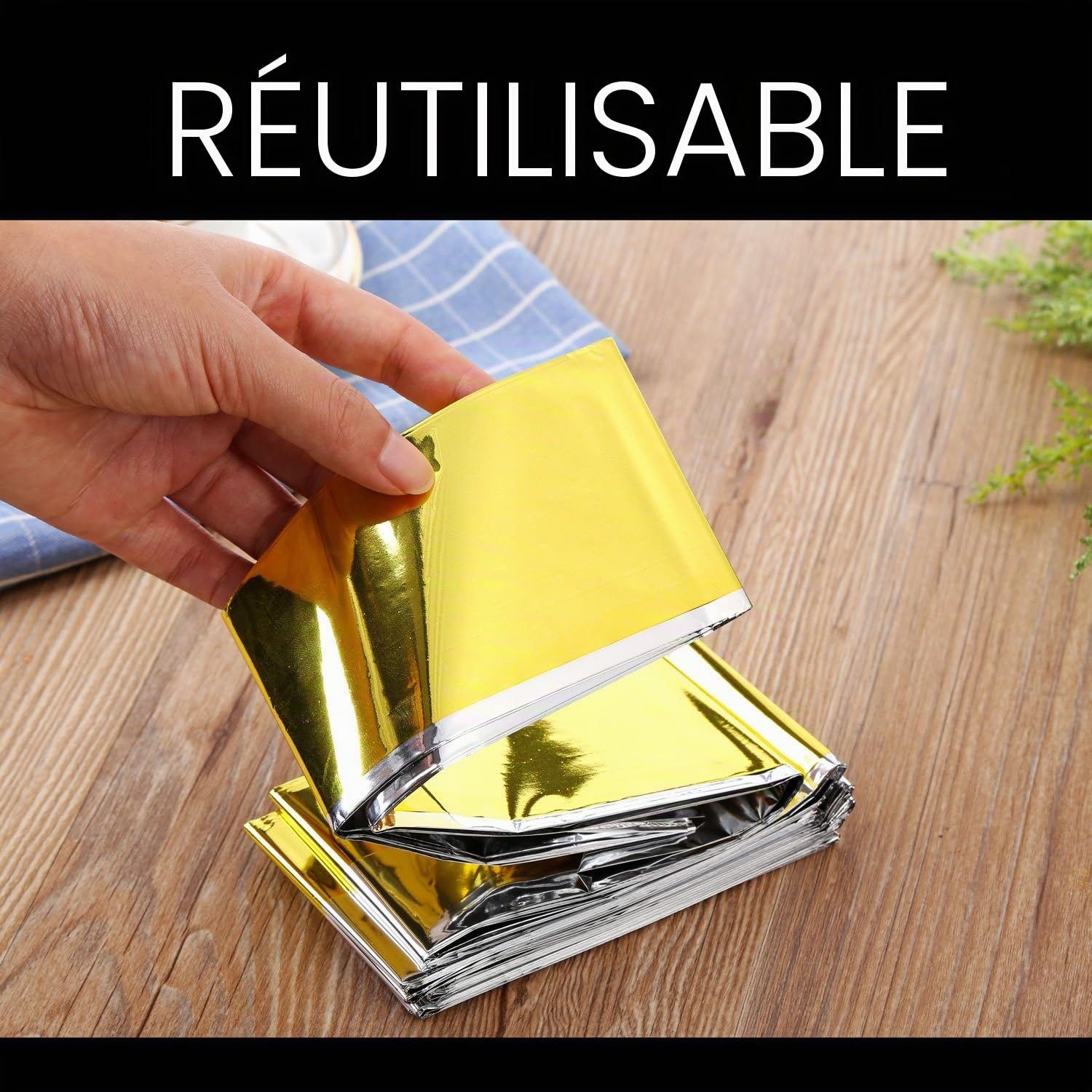 Takit Couverture De Survie 5X- Réutilisable - Extra Large - 210 * 160cm - Imperméable - Couverture Chauffante De Survie en Mylar pour Camping, Randonnée, Premiers Soins - Or & Gris