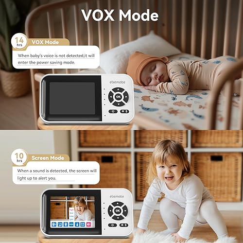 Miniatura 5 de ebemate Monitor de bebé de video WiFi, pantalla de 2.8 pulgadas con cámara de 1080P, visión nocturna sin brillo, conversación de 2 vías y alcance de