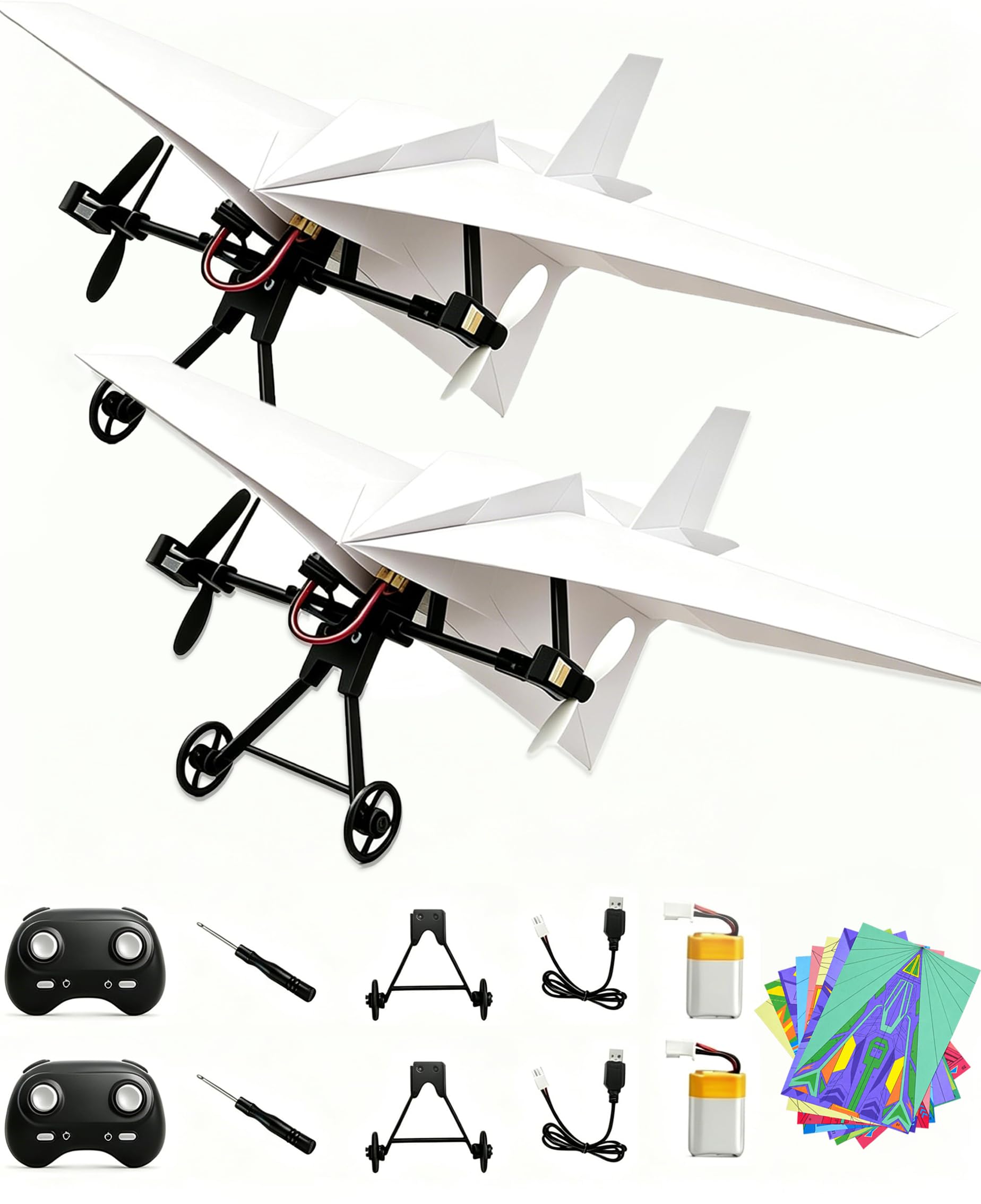 CRILEAL 2 PCS DIY RC Paper Airplane Kit with Gyro Stabilizer, Electric Remote Control Plane, Foldable Fixed Wing Aircraft, Lightweight Easy-to-Fly STEM Toy for Kids, Teens and Adults