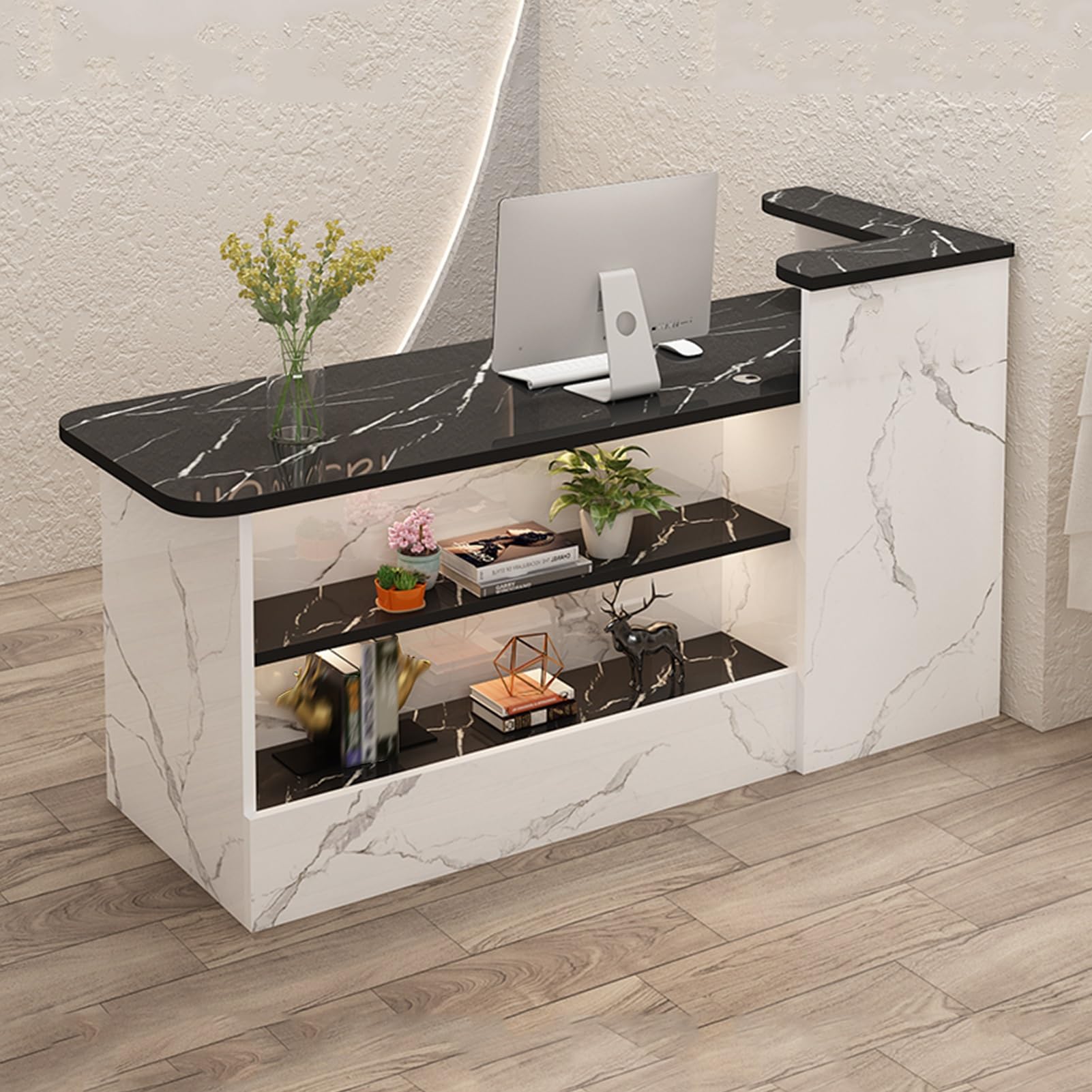 Scrivania per ricevimenti con ripiano e cassetti, design aperto, ampio bancone (lato sinistro), mobili da reception moderni per uffici e aziende