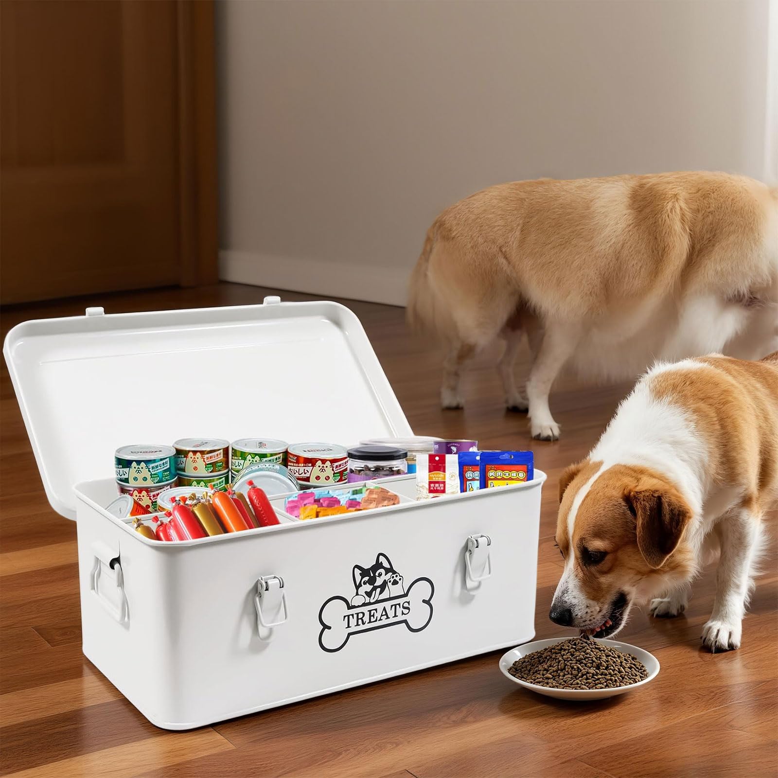 Récipient en métal pour chien - 8,5 l - Hermétique avec couvercles et compartiments de séparation - Blanc - Rangement de friandises avec serrure pour nourriture sèche, boîte à goûter, étagère