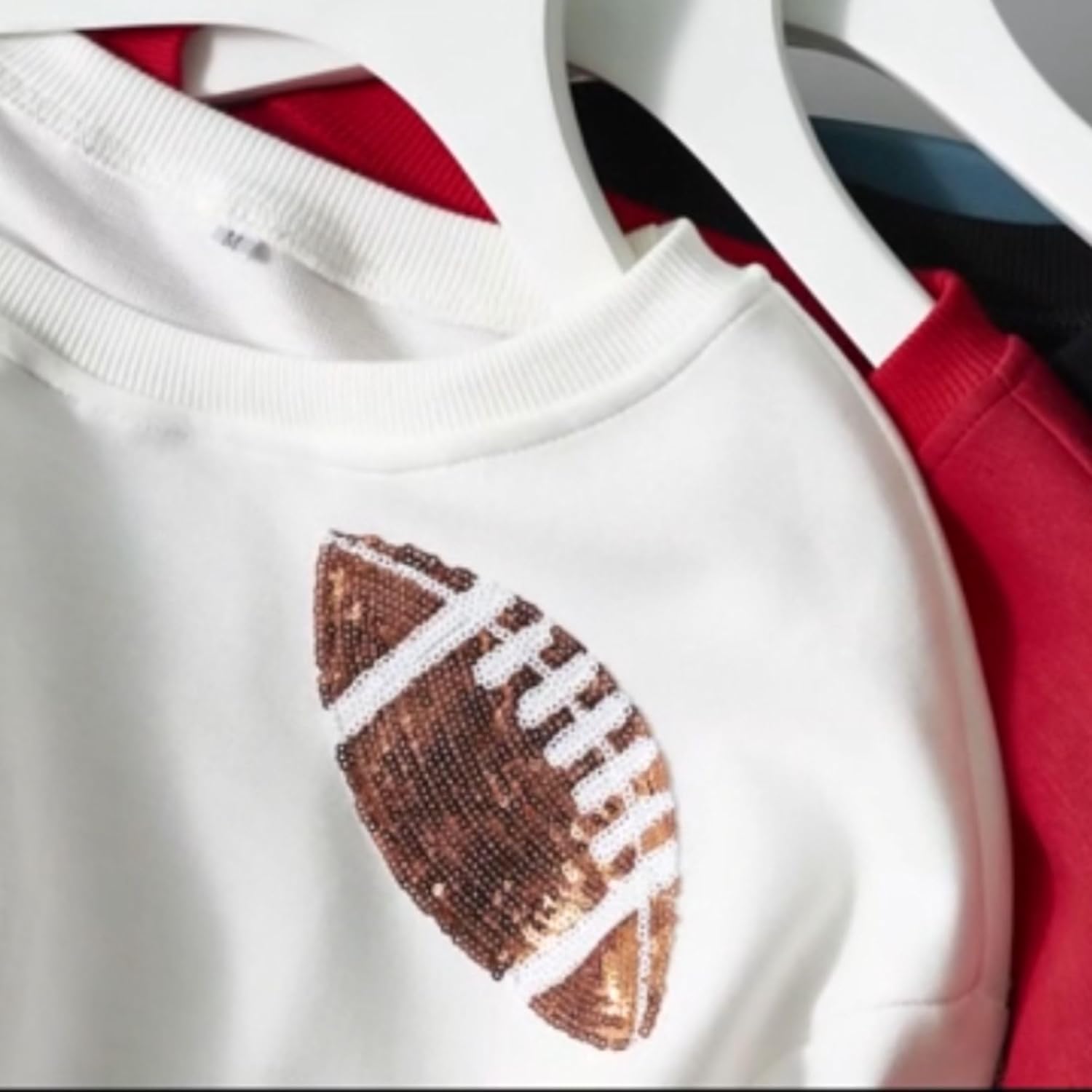 Xunger Women’s Football Print Sequin Sweatshirt Crewneck Oversized Long Sleeve Pullover Tops Gameday Sweatshirts - Image 5