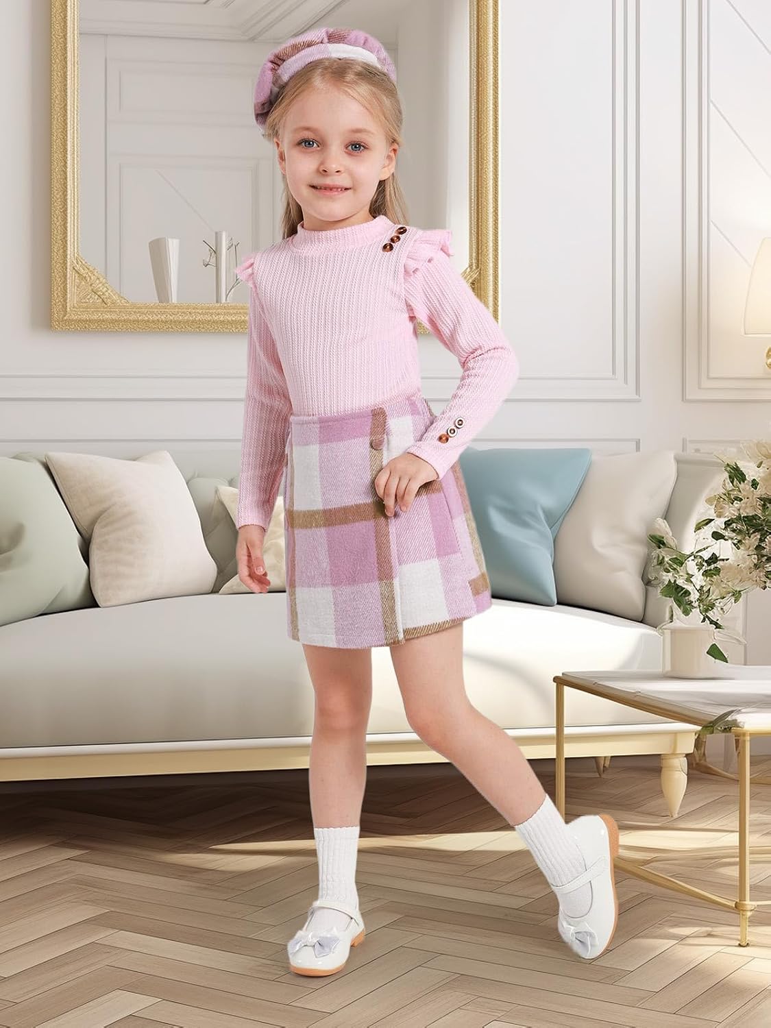 Toddler Girls Fall Winter Clothes 3 Piece Outfits Kids Long Sleeve Ribbed Knit T Shirt Sweater Plaid Mini Skirt Set