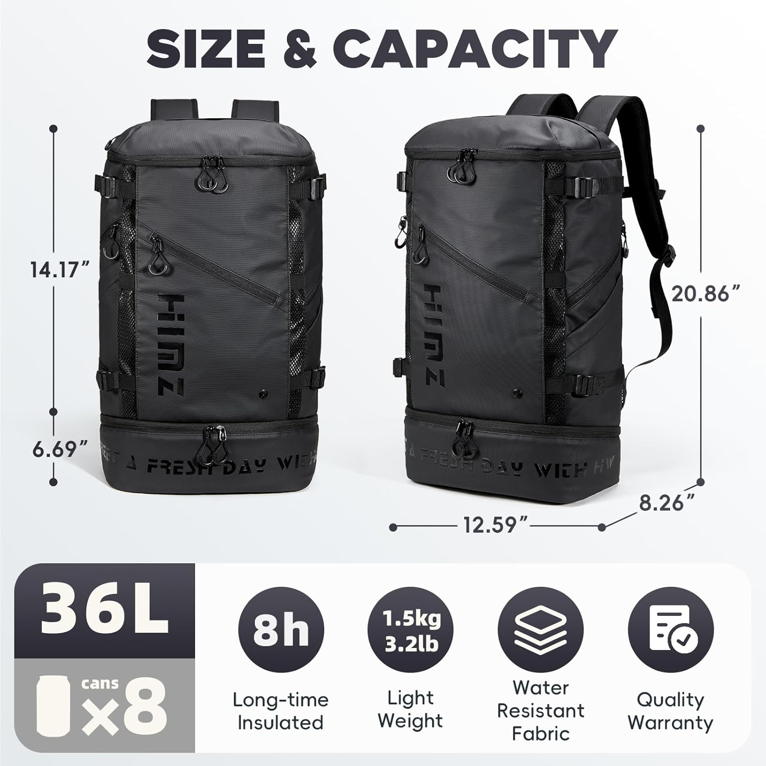 Camping Backpack with Insulated Compartment for Work Large Travel Backpack Lunch Box Heavy Duty Men 36L -17 inch Laptop Bag Carry On Backpacks for Airplane, Black