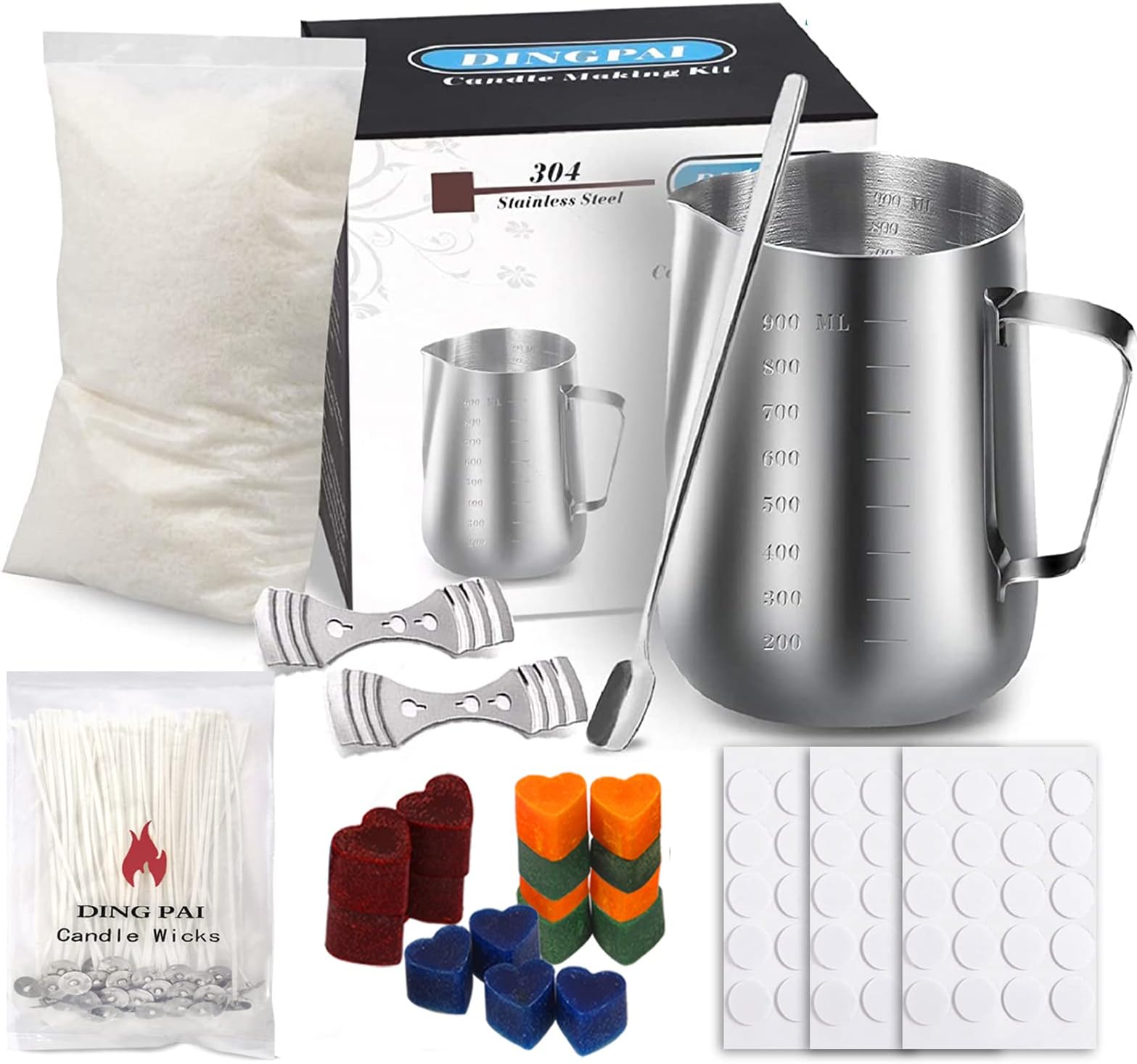 DINGPAI Candle Making Supplies, Complete Soy Candle Making Set Including Candle Make Pouring Pot, Candle Wicks, Wicks Sticker, 3-Hole Candle Wicks Holder, Natural Soy Wax and Spoon