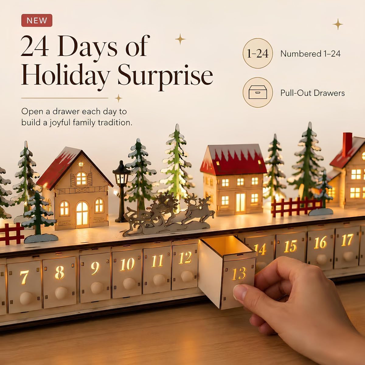 24 Tage Weihnachtsdorf Adventskalender, Weihnachtsdorf Mit Beleuchtung, Adventskalender Zum BefüLlen, Weihnachtsdeko Holzmaterial, Wiederverwendbar, FüR Kamine, Fenster, Esstische Und Wohnzimmer.、A