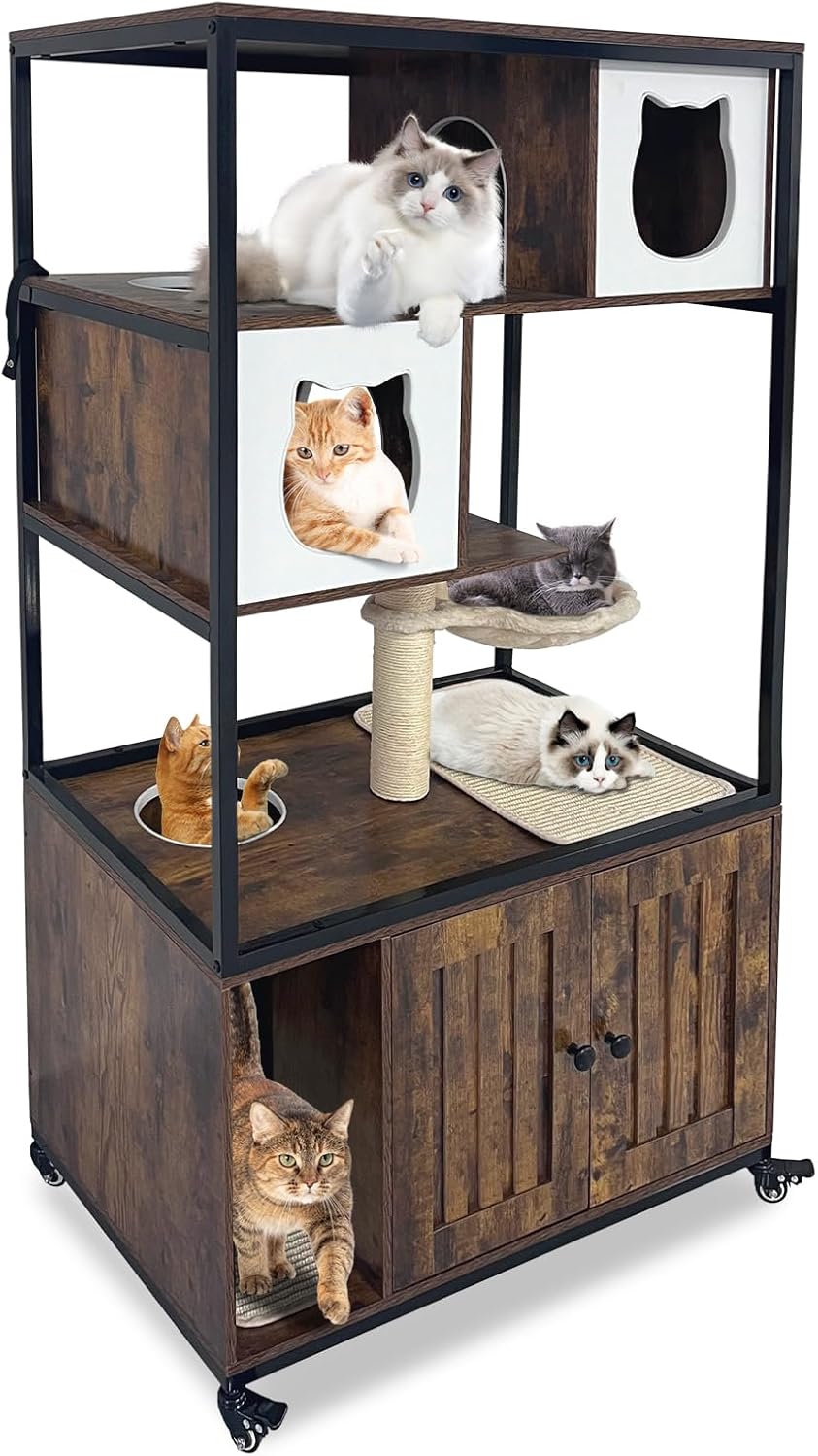 GarveeHome Cat Tree with Litter Box Enclosure 57.5 in H Wooden Cat Tower Cabinet with Wheels Dog Proof Corner Hidden Litter Box with Condo, Hammock and Scratching Post Retro Brown