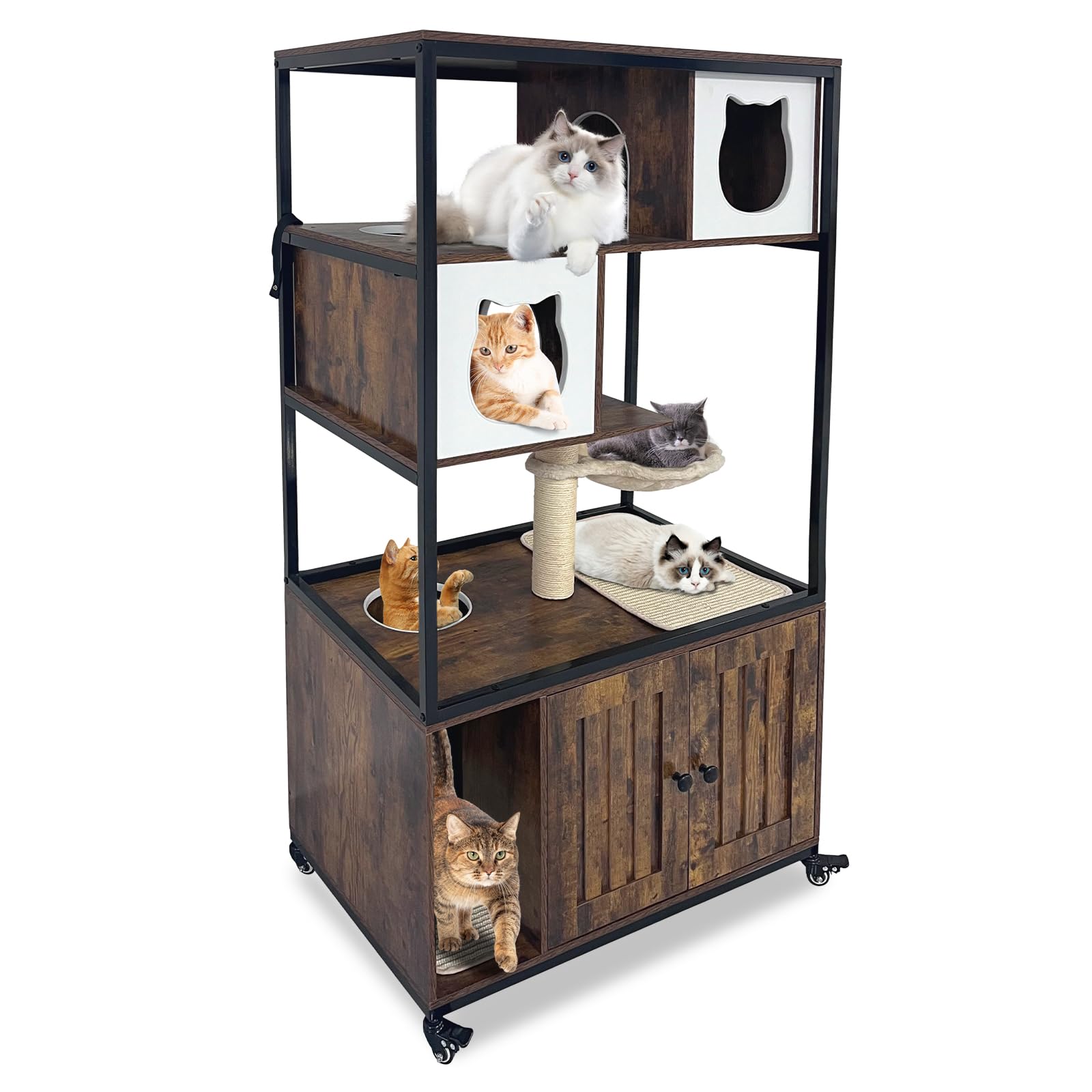 GarveeHome Cat Tree with Litter Box Enclosure 57.5 in H Wooden Cat Tower Cabinet with Wheels Dog Proof Corner Hidden Litter Box with Condo, Hammock and Scratching Post Retro Brown, Retro Brown