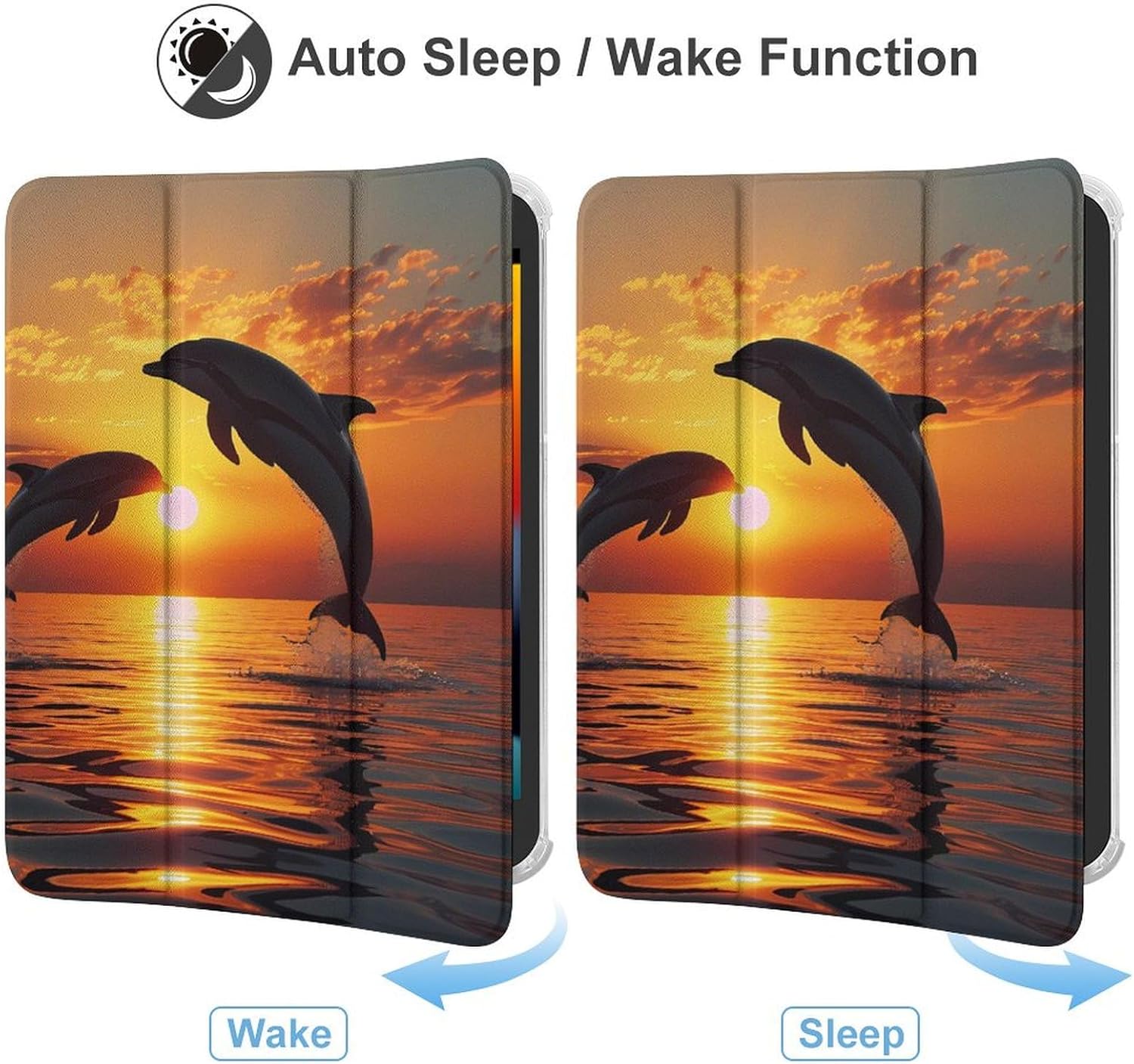 Dolphin Sunset Cute Case Compatible for Mini6（8.3in） Trifold Tablet Protective Cover with Pencil Holder