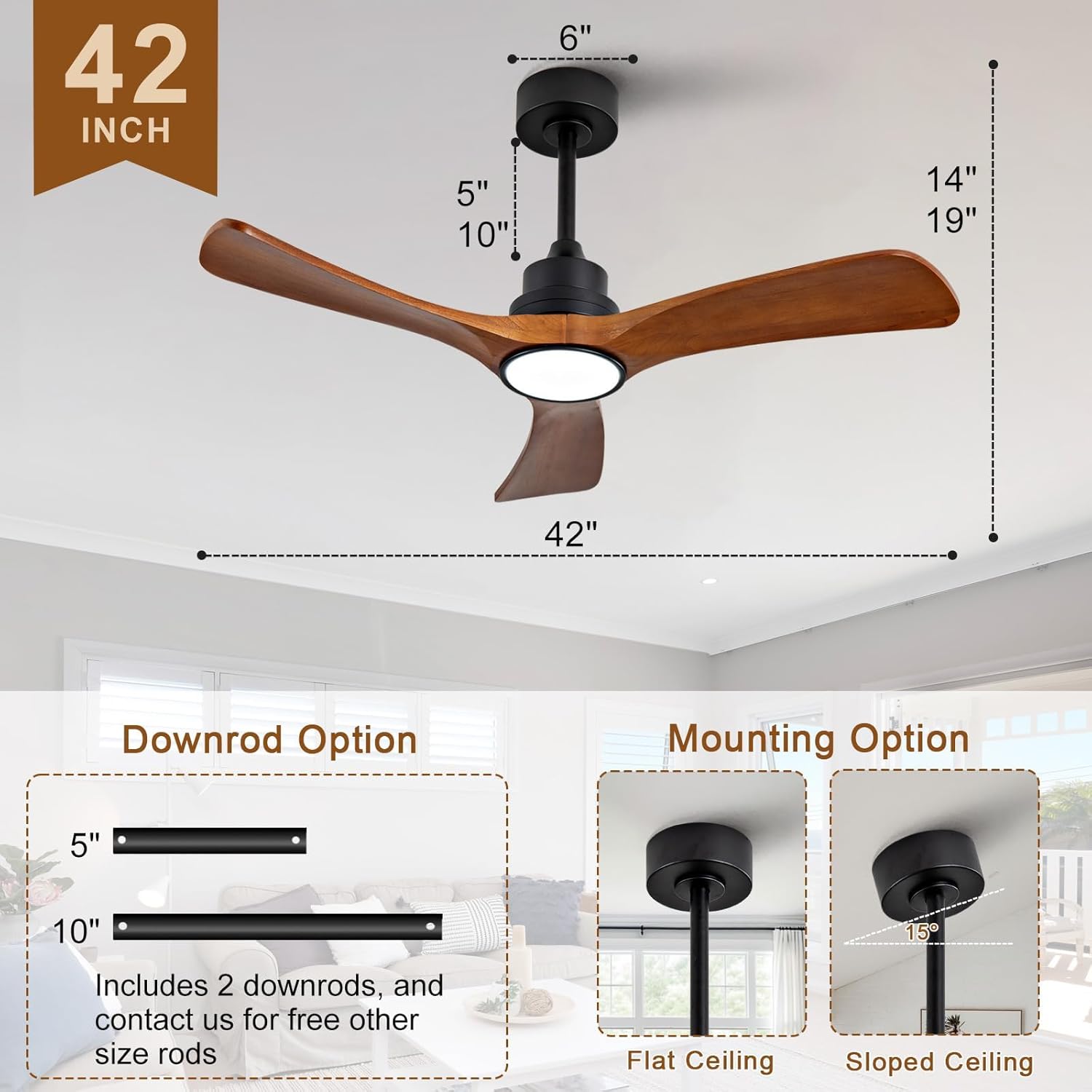 42 inch Ceiling Fans with Lights and Remote Control,Wall Switch,Solid Wood Blades,Dimmable,Reversible Noiseless,Power Off Memory Modern Black Ceiling Fan Indoor/Outdoor for Bedroom Patios