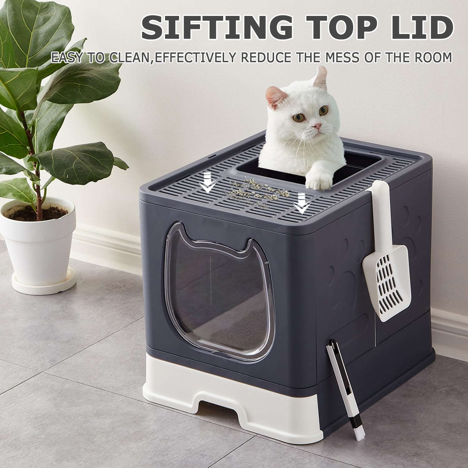 Caja de Arena para Gatos Plegable, Arenero Gatos Cubierto con Cajon, Inodoro para Mascotas para Gatos con Entrada Superior