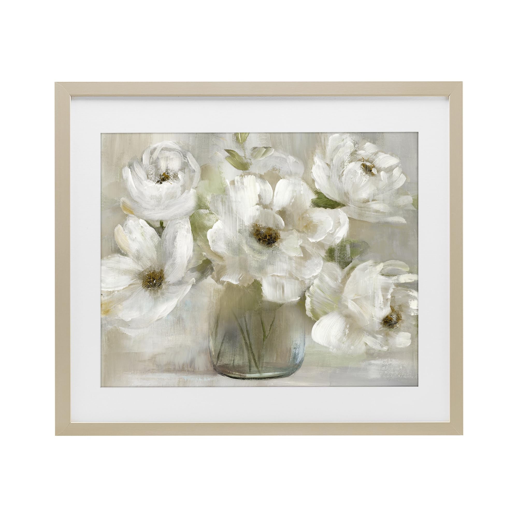 Stupell Industries Gentle White Petals in Vase, Serene Floral Bouquet for Dining Room, 13 x 16 Inch Framed Matted Print Under Glass, by Nan, Made in USA Gift