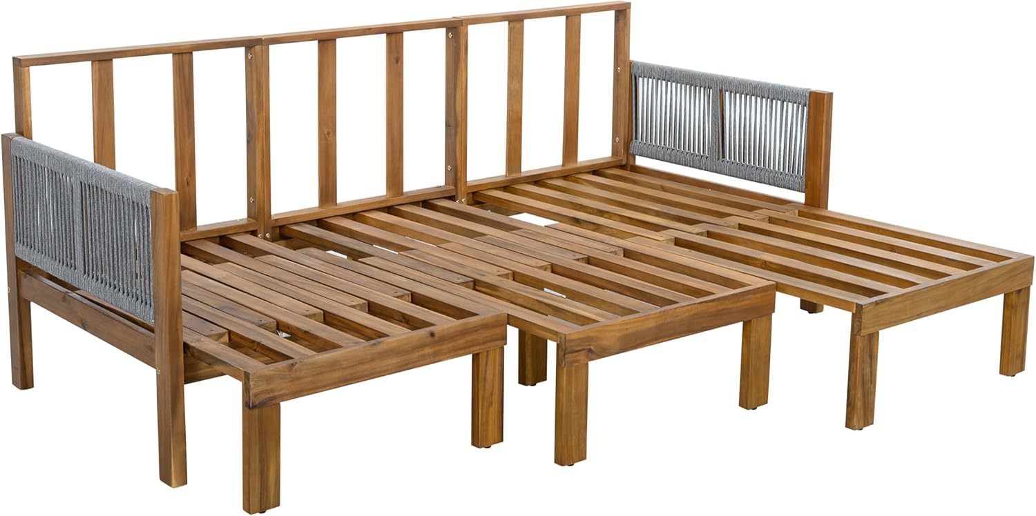 Outdoor Patio 3 Seat Sofa, Acacia Wood Patio Sofa Sunbed Convertible to Chaise Lounge Sleeper Sofa with Cushions for Porch Backyard Courtyard Poolside (Grey-3.4)