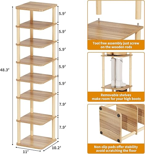 Miniatura 2 de LUCKNOCK Zapatero vertical, organizador de zapatos estrecho de 8 niveles para entrada, armario, dormitorio y espacios pequeños, estante de madera