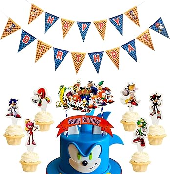 Sonic Birthday Party Supplies Happy Birthday Banner Cake Topper Cupcake Toppers For Sonic The Hedgehog Theme Party Decorations Amazon Co Uk Toys Games