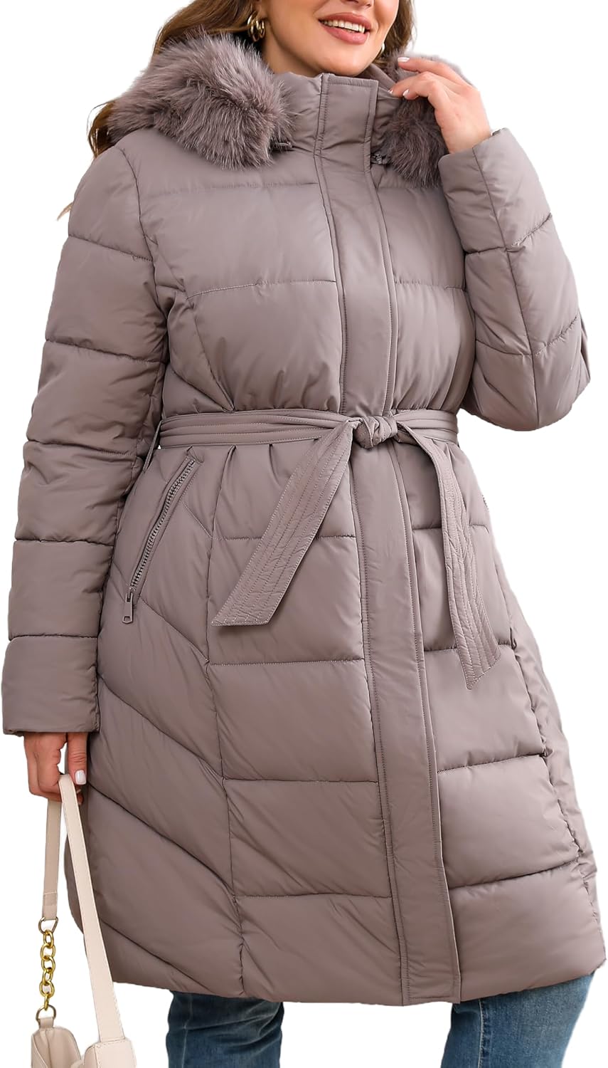 Geschallino Women Puffer Jacket Plus Size Long Parka Belted Winter Warm Hood Coat - Image 3
