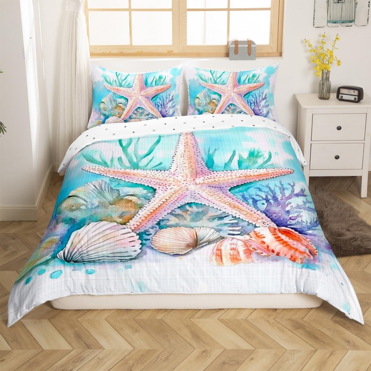 jejeloiu Cute Starfish Bedding Set Sea Shell Duvet Cover Set for Kids Boys Girls Ocean Life Comforter Cover Marine Themed Quilt Cover with 1 Pillowcase 2Pcs Bedding Toddler