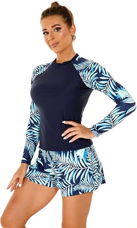 Womens Long Sleeves Rash Guard Athletic Swim Aztec Tankini Sets Swimsuit