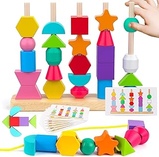 Montessori Toys for 2 3 4 5 Years Old, Toddlers Wooden Sorting and Stacking Toys - Lacing Beads & Matching Game & Shape Sorter & Color Stacker Montessori Preschool Learning Toy Gift for Boys and Girls