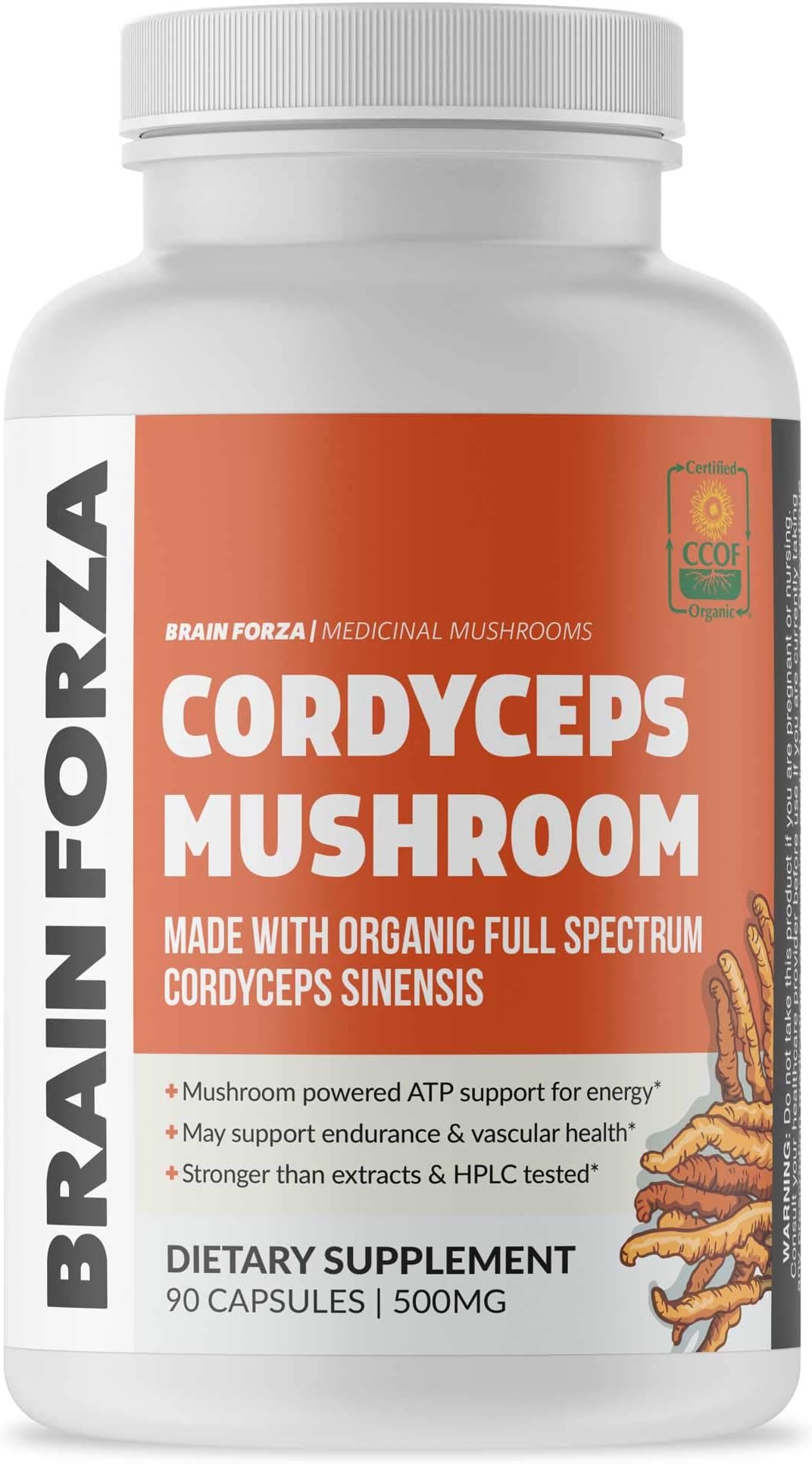 Brain Forza Organic Cordyceps Capsules, Cordyceps Sinensis Mushroom for Energy and Stamina Support, Endurance and Sports Performance, Non-GMO, Vegan, Organic, 90 Capsules