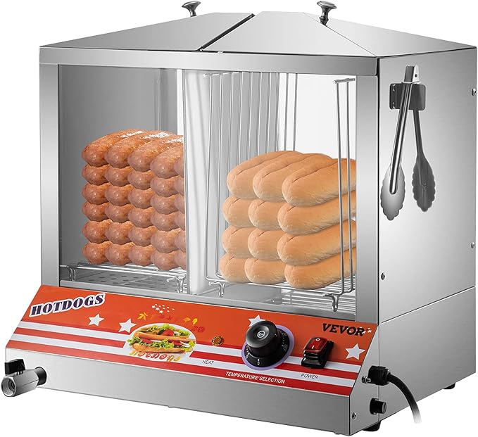VEVOR Electric Hot Dog Steamer, 36L/32.69Qt Capacity for 100 Hot Dogs & 48 Buns, Stainless Steel Bun Warmer Cooker, with Acrylic Windows Partition Plate Shelves Food Clip PTFE Tape
