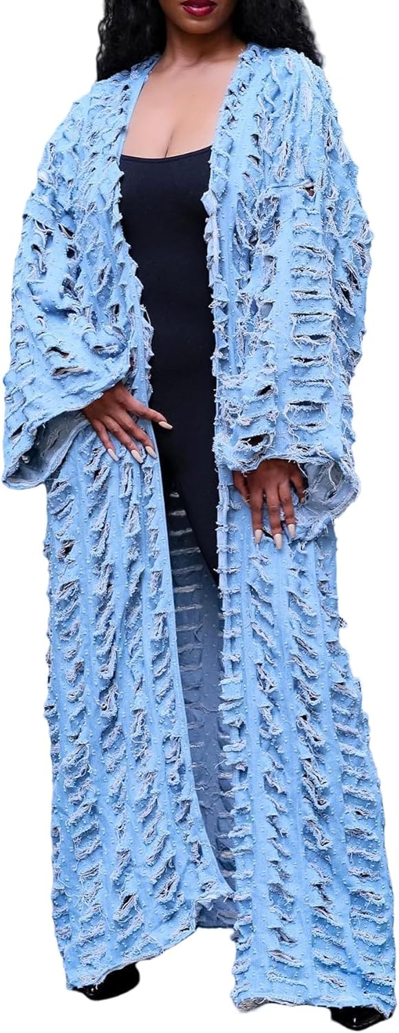 NRTHYE Women's Ripped Oversized Jean Kimono Robe Cardigan Hollow Long Sleeve Open Front Long Denim Dusters Jacket Coat