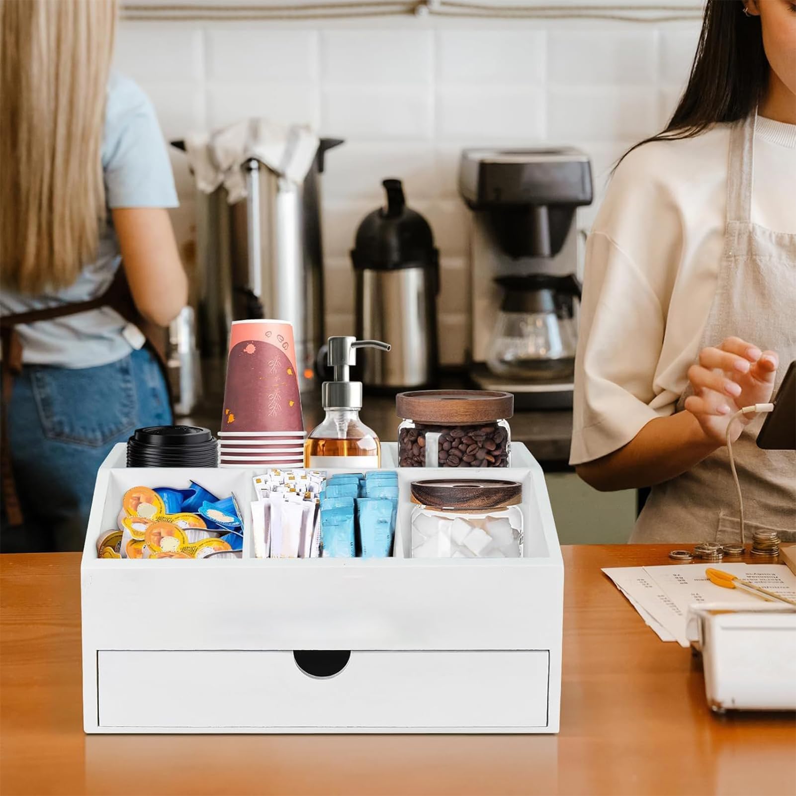 Station Café De Comptoir Pour Cuisine - Porte-sachets de Sucre en Bois avec Grande Capacité | Organisateur De Dosettes Café Style Campagne Rustique - pour la Maison, l'Appartement, le Bureau, le