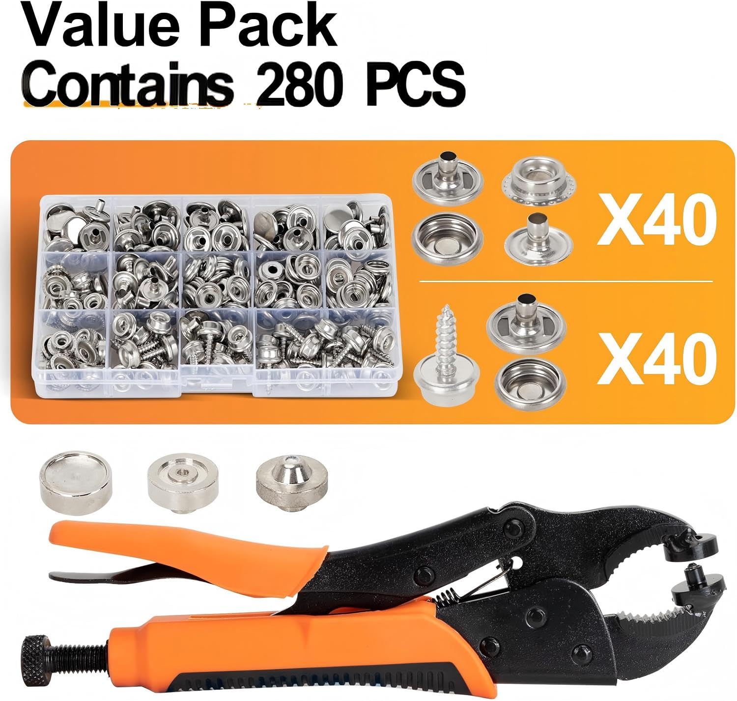 Kit de botones a presión, herramienta de cierre a presión resistente, herramientas de tornillo incluidas, 1 alicates a presión y 40 juegos de broches de acero inoxidable de 15 mm, herramienta